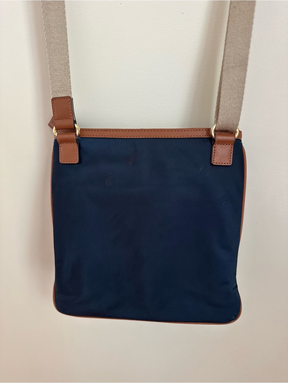 Michael Kors Navy Nylon Crossbody Bag Brown Trim Adjustable Strap - Picture 7 of 8